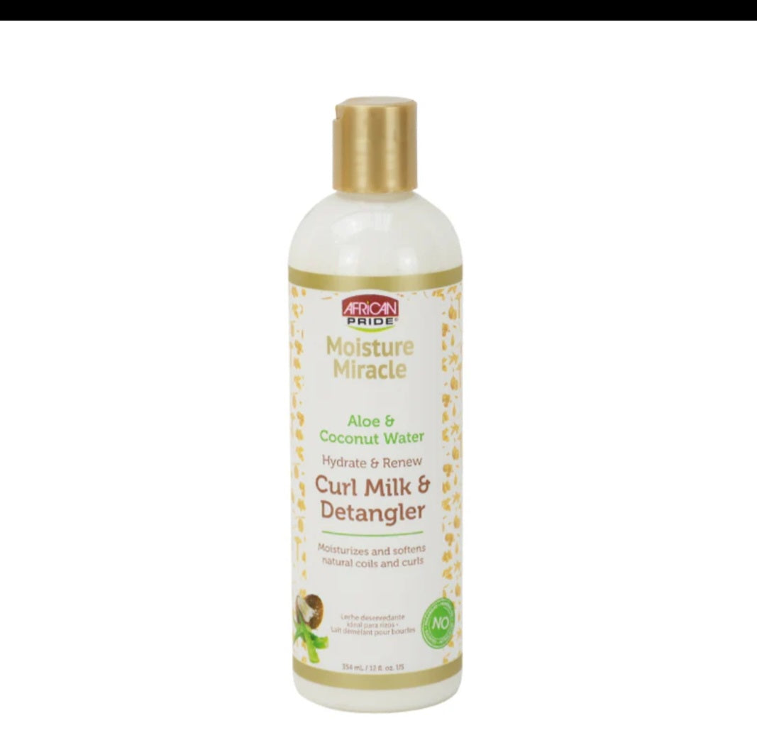 AFRICAN PRIDE MOISTURE MIRACLE Aloe & Coconut Water Hydrate & Renew Curl Milk & Detangler 12oz
