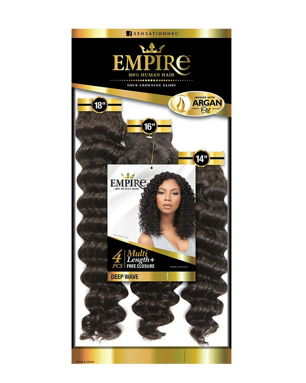 Sensationnel Empire Human Hair Weave 4pcs Multi Length + Free Closure - Deep Wave 12"14"16"