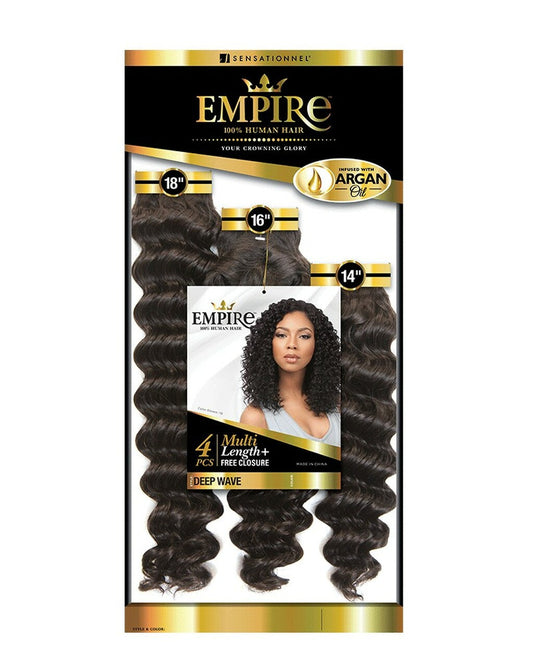 Sensationnel Empire Human Hair Weave 4pcs Multi Length + Free Closure - Deep Wave 10"12"14"